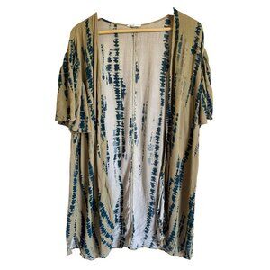 Maurices XXL Tan Blue Ikat Tie Dye Striped Kimono Open Wrap Cover Up Gauzy